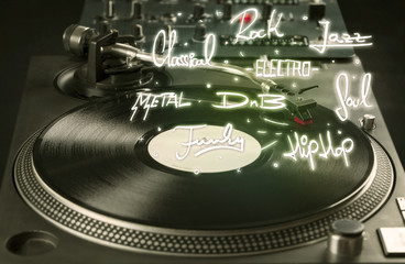 Turntable with vinyl and music genres writen