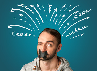Young man with glued mouth