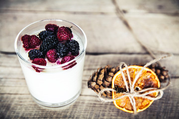 Healthy breakfast - Dairy yogurt with raspberry, mulberry