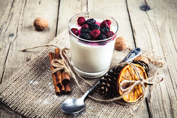 Healthy breakfast - Dairy yogurt with raspberry, mulberry