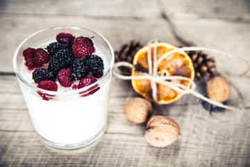 Healthy breakfast - Dairy yogurt with raspberry, mulberry