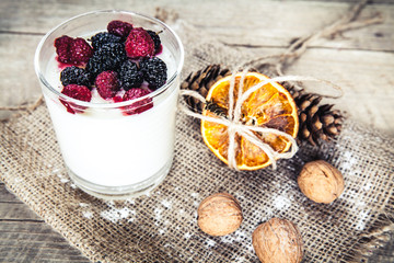 Healthy breakfast - Dairy yogurt with raspberry, mulberry