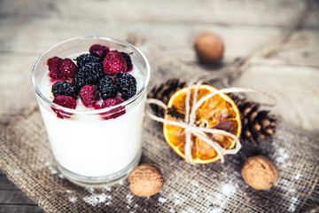 Healthy breakfast - Dairy yogurt with raspberry, mulberry