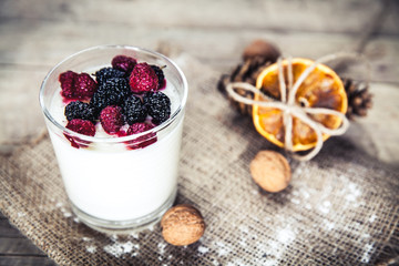 Healthy breakfast - Dairy yogurt with raspberry, mulberry