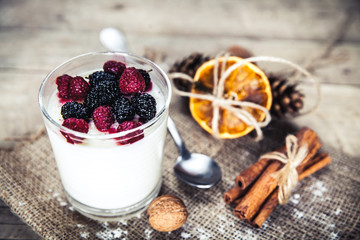 Healthy breakfast - Dairy yogurt with raspberry, mulberry