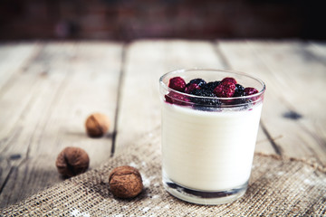 Healthy breakfast - Dairy yogurt with raspberry, mulberry