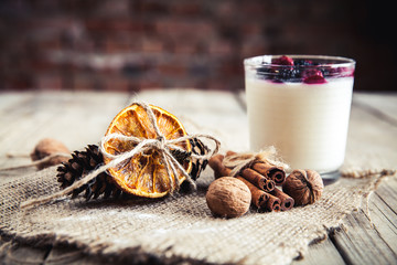 Healthy breakfast - Dairy yogurt with raspberry, mulberry