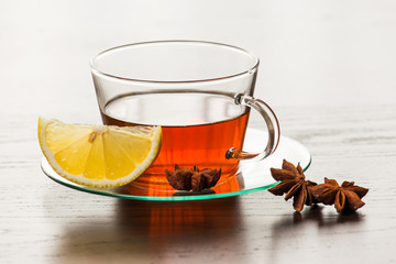 Cup of hot tea with lemon.