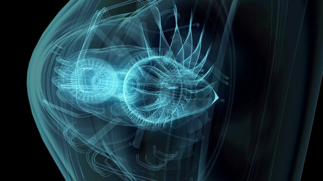 Jet engine 3D x-ray blue transparent isolated on black