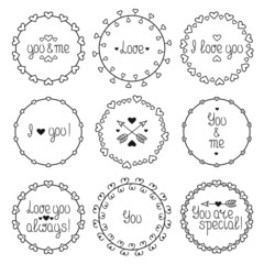 Hand drawn frame of romantic pattern with hearts. Trendy doodle