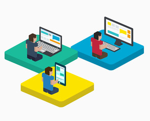 People work on digital devices in web, flat isometric style