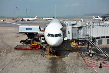 Airplanes parked at Hong Kong International airport.