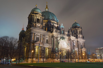 Fototapeta na wymiar Evangelical Cathedral Facade in Berlin at night.