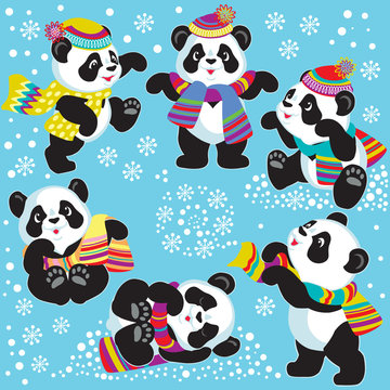 set with cartoon panda in winter