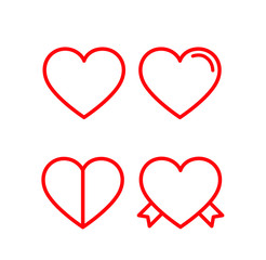 Vector red hearts icons set. Red lined hearts
