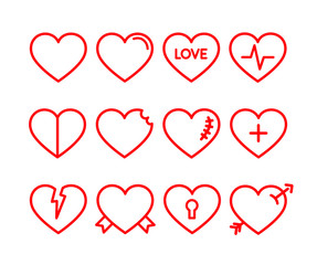 Vector red hearts icons set. Red lined hearts