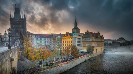 Dramatic panorama sunrise scene in Prague