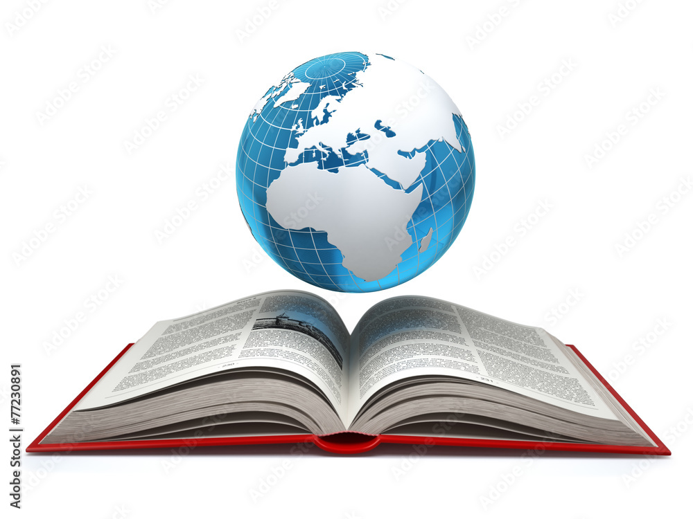 Poster education internet e-learning concept. earth and open book isola