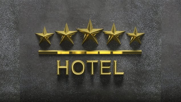 Five golden stars and word Hotel on grey textured background