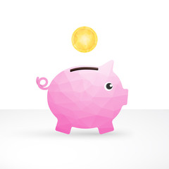 small pink pig as a money box and coin