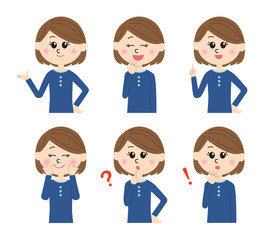 A set of six pose variations of happy young woman