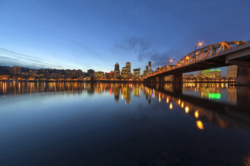 Naklejka na ściany i meble Portland Downtown Skyline by Hawthorne Bridge at Blue Hour