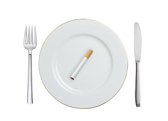 cigarette on white plate isolated on white