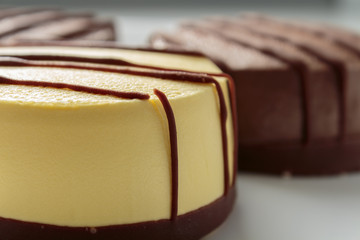 Vanilla and chocolate mousse cake close up