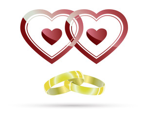 Hearts with wedding rings. Vector illustration.