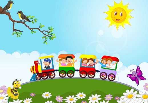 Happy kids on a colorful train