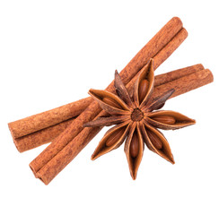 cinnamon stick and star anise spice isolated on white background