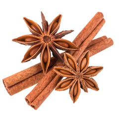 cinnamon stick and star anise spice isolated on white background