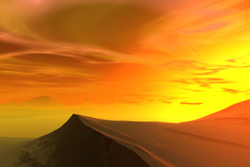 3D rendered fantasy alien planet. Rocks and lake