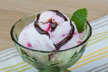 Ice cream with choco and mint leaves