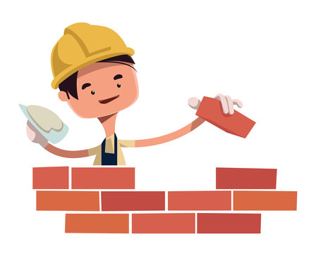 Construction Worker Building Wall Illustration Cartoon Character