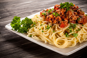 Pasta with meat, tomato sauce and vegetables