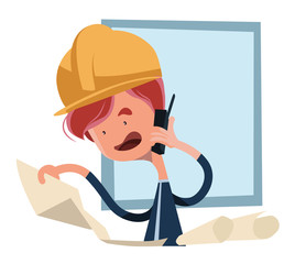 Construction worker looking at blueprints cartoon character