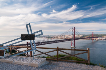 Panoramic view of 25th of April Suspension Bridge in Lisbon, Portugal.