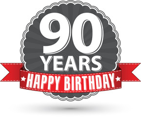 Happy birthday 90 years retro label with red ribbon, vector illu