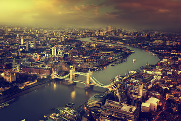 London aerial view with  Tower Bridge in sunset time