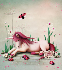 Fototapeta na wymiar Fairy tale illustration with pink toy pony unicorn