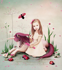 Naklejka na ściany i meble Conceptual illustration of little girl and pony unicorn