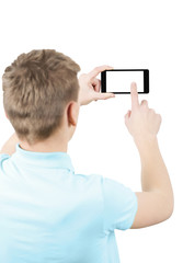 Teenager pressing touchscreen on smart phone, isolated