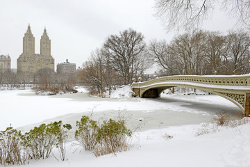 Bow Bridge, Central Park after snowstorm, Manhattan, New York