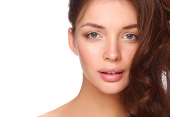 Obraz premium Close up portrait of beautiful young woman face. Isolated on