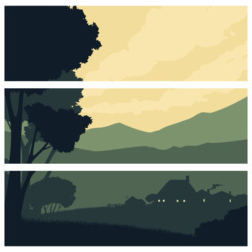 Horizontal banners with a silhouette rural landscape
