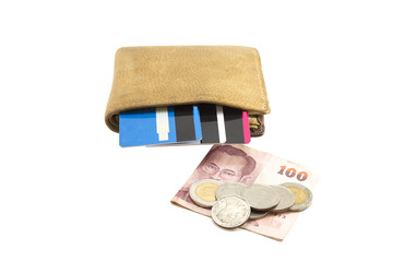 Wallet brown leather with credit card and 100 thai , many coin b
