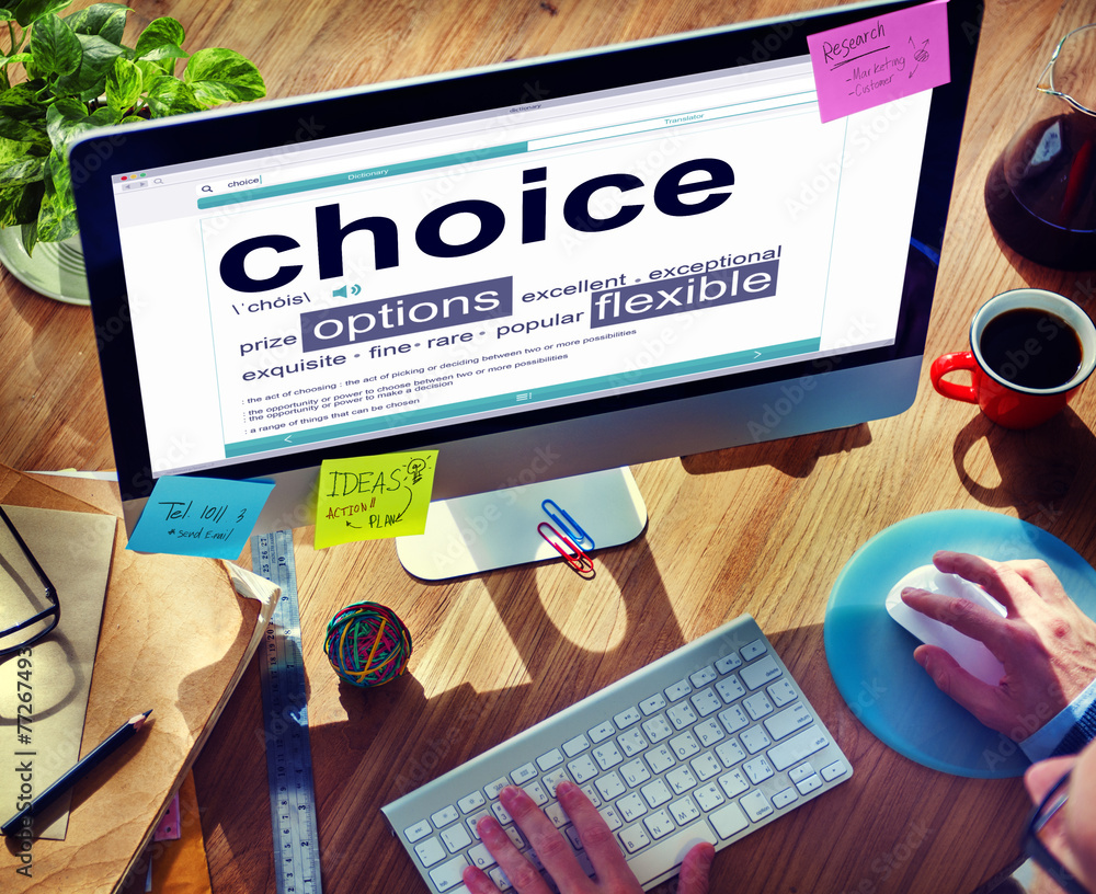 Poster man reading definition choice option flexible concept