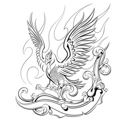 phoenix on a background of flames and oranmenta, mythical animal