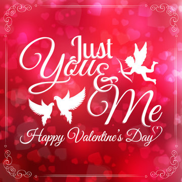 valentines day card with lettering, cupid and doves